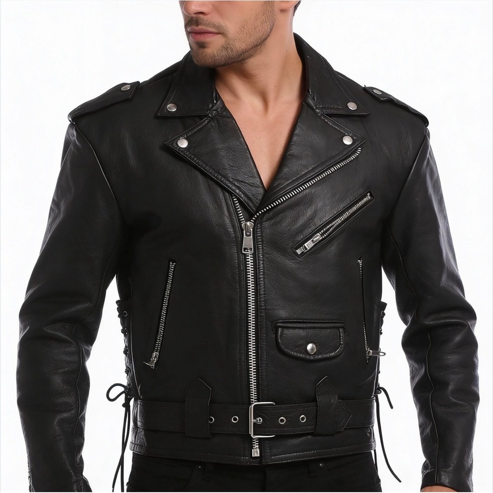 D Roan Mens Black Leather Motorcycle Biker Jacket Moto Style Lace Up Size‎ 42